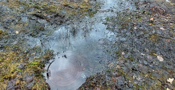 Hulevesikaivon kansi on veden pinnan alla.