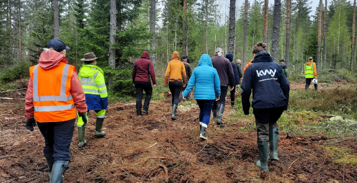 Joukko ihmisiä kävelee kumisaappaat jalassa metsäautotiellä.